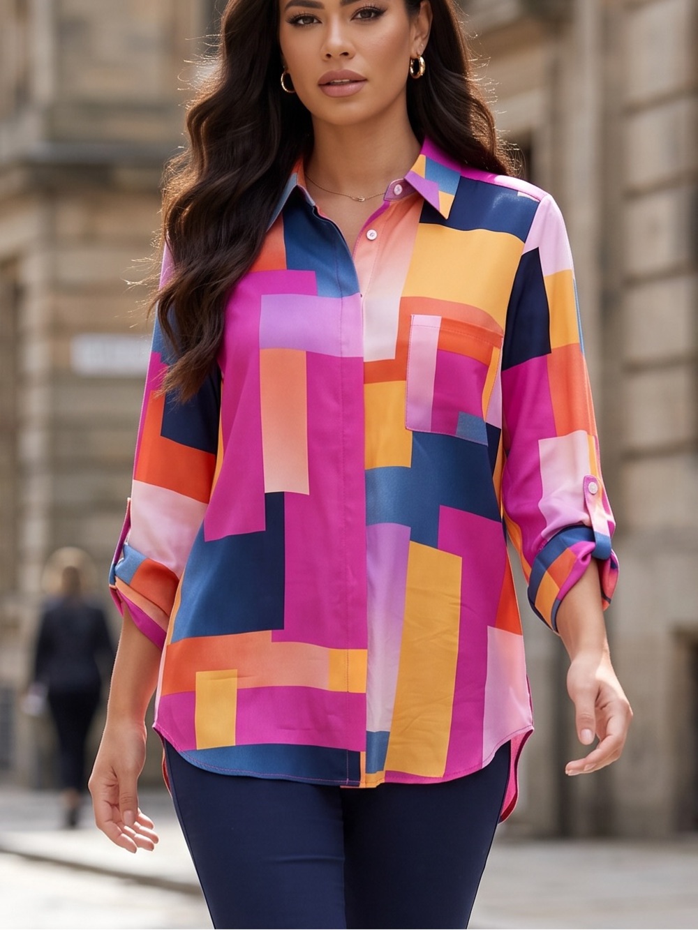 Alice & Trixie Geometric Colorblock Silk Blouse in Fuchsia, Navy & Yellow